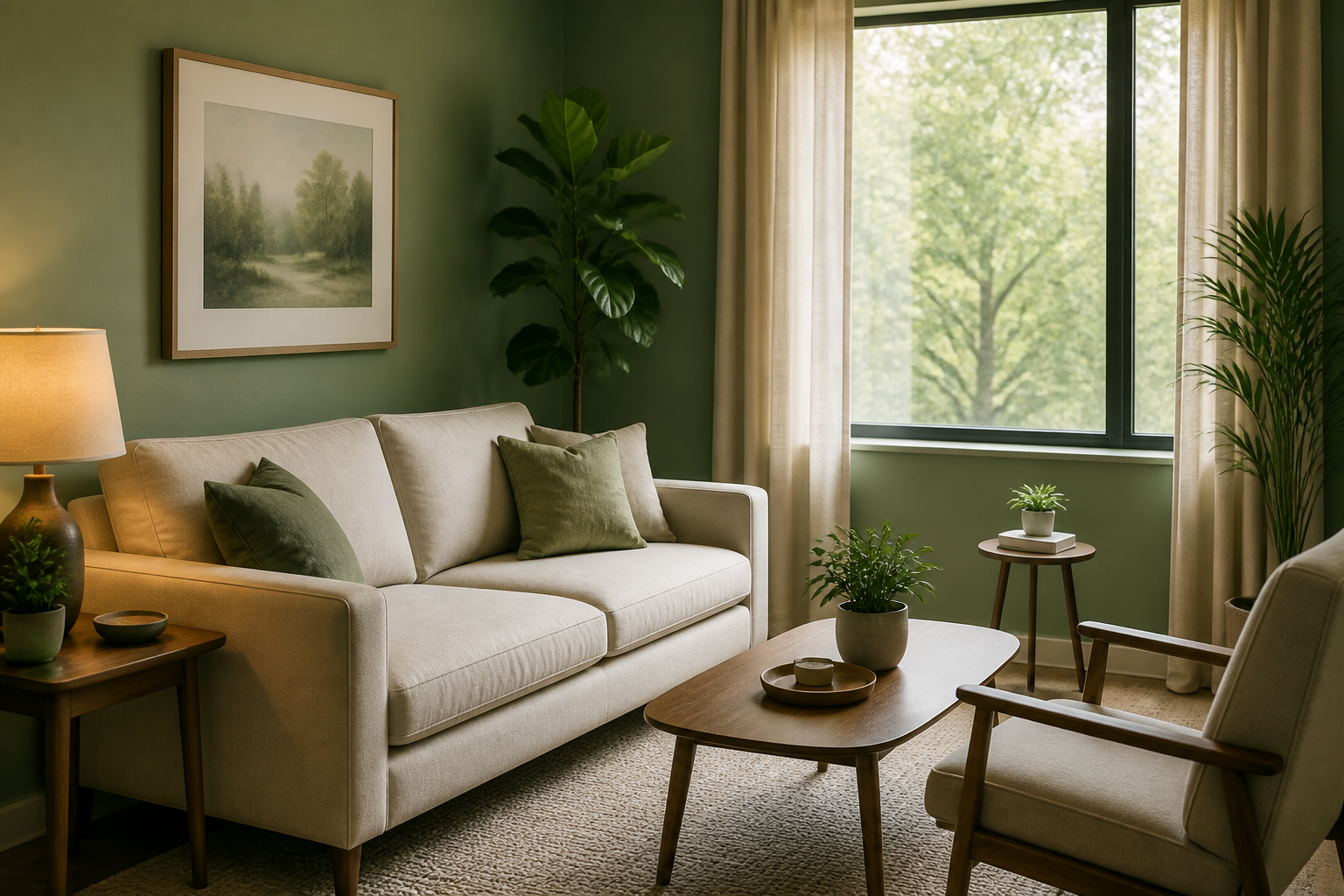 Sala de conversación: sofá, plantas y luz de ventana