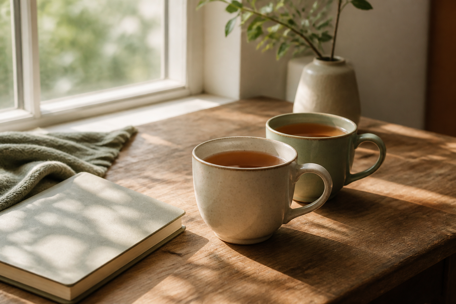 Dos tazas de té y un cuaderno cerrado junto a la ventana
