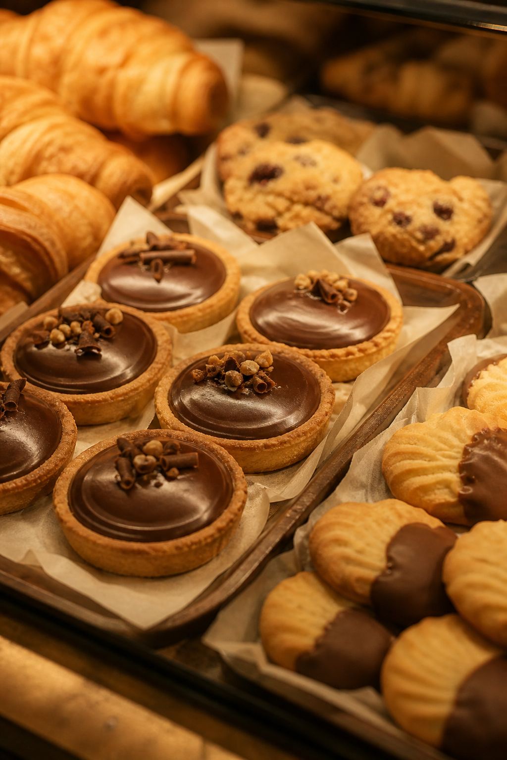 Bandejas de pastelería en vitrina, luz cálida