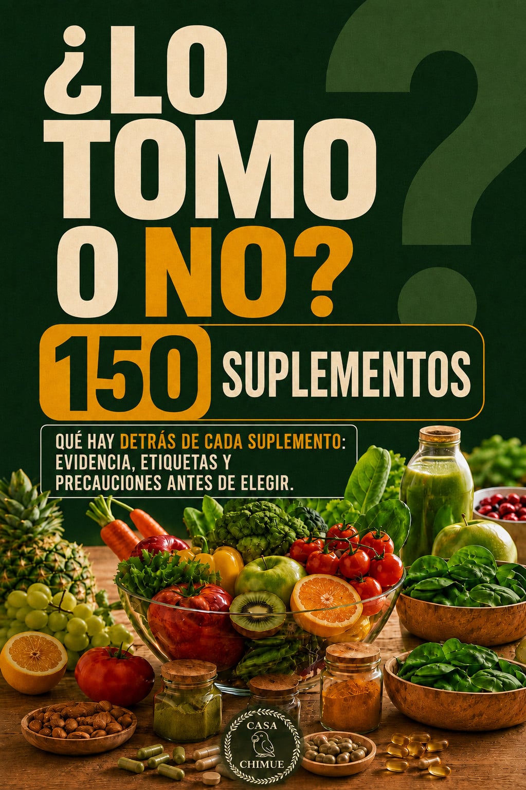 Tapa del libro ¿Lo tomo o no?: título en crema sobre verde bosque, sello 150 suplementos, mesa con alimentos y cápsulas, y sello Casa Chimue